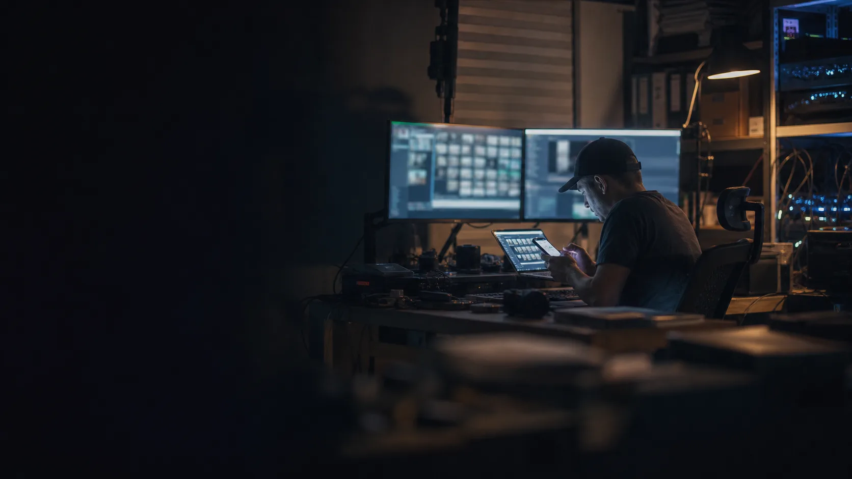 A creator works alone at a digital production workstation in a dark studio.